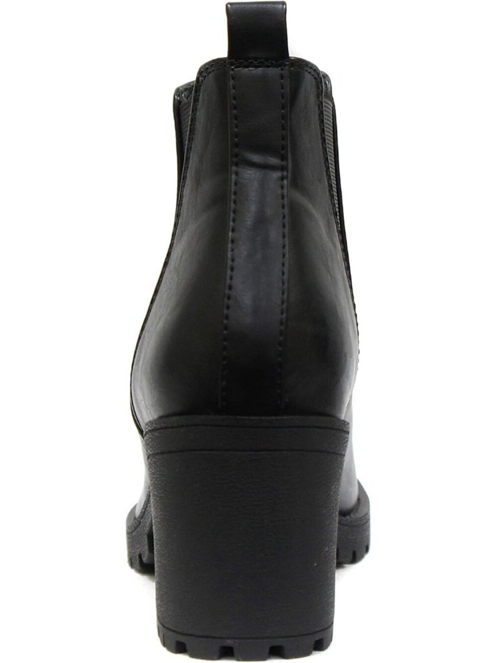 Women's Black Leather Origami Lug Sole Mid Heel Ankle Bootie Double Elastic Boot - Picture 2 of 5